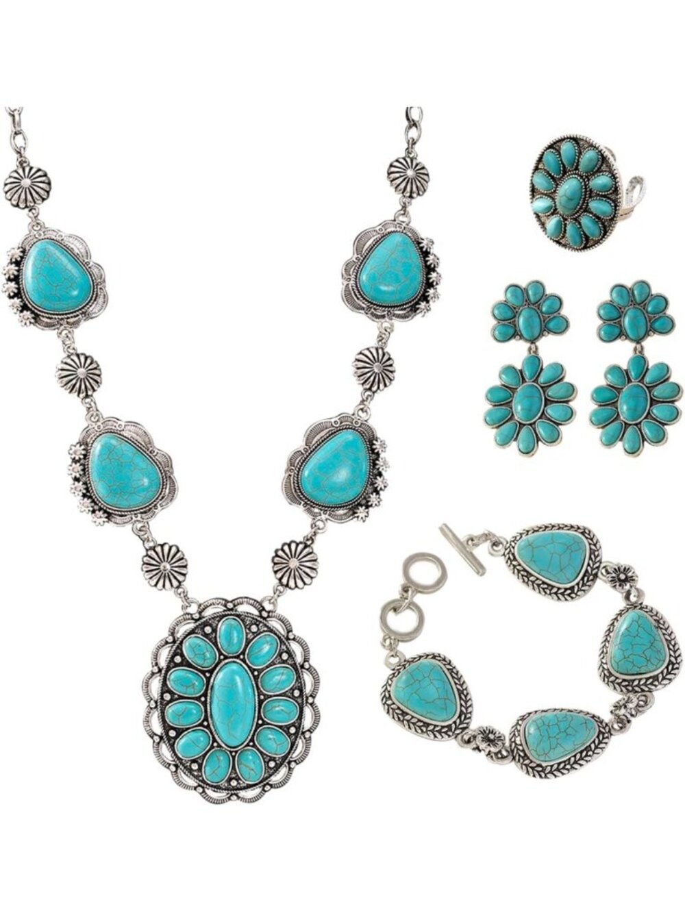 Boho Vintage Turquoise Jewelry Set for Women - Necklace, Earrings, Bracelet